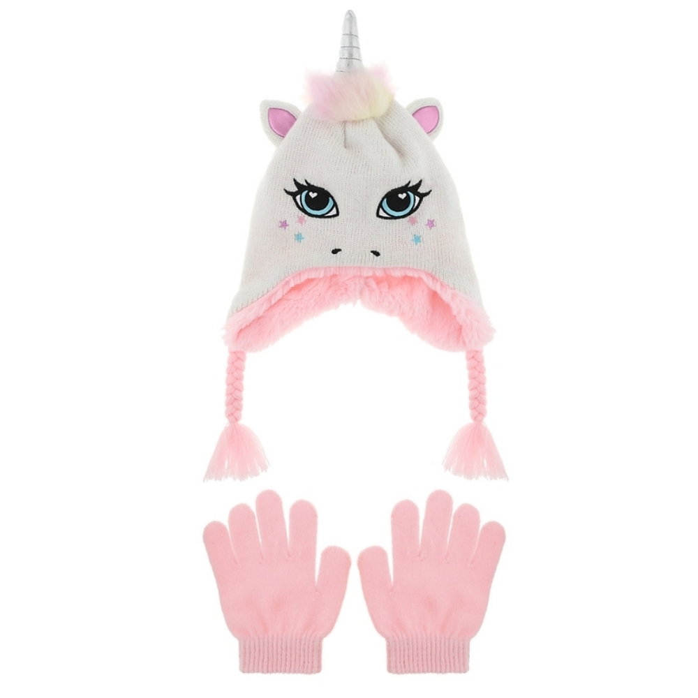 SO Girls 4-16 Unicorn Critter Hat & Gloves Set